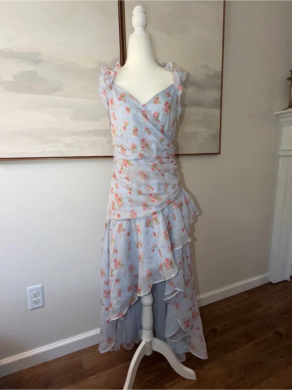 Abercrombie & Fitch Floral High-Low Ruffle Maxi Dress Blue Pink